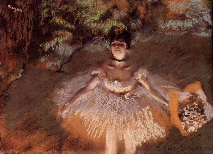 舞者在舞台上拿着花束 Dancer on Stage with a Bouquet (c.1876),埃德加·德加