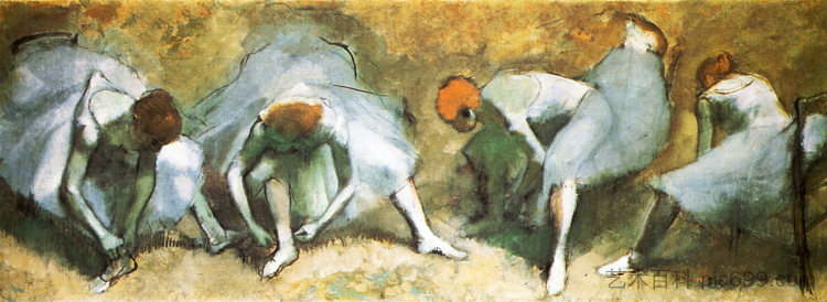 舞者系鞋带 Dancers tying shoes (1883)，埃德加·德加