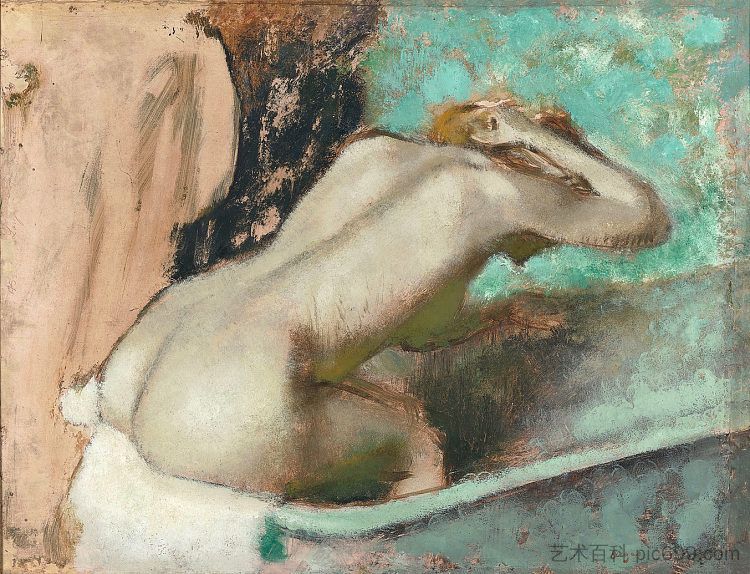 一个女人坐在浴盆边上用海绵擦拭脖子 Woman seated on the edge of a bath sponging her neck (c.1895)，埃德加·德加