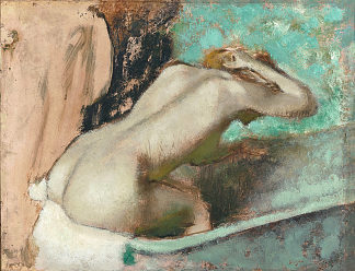 一个女人坐在浴盆边上用海绵擦拭脖子 Woman seated on the edge of a bath sponging her neck (c.1895)，埃德加·德加