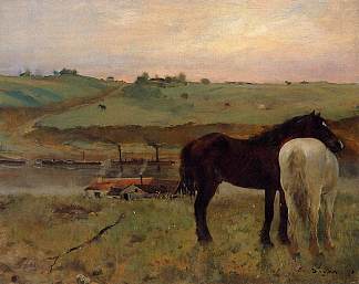 草地上的马 Horses in a Meadow (1871)，埃德加·德加