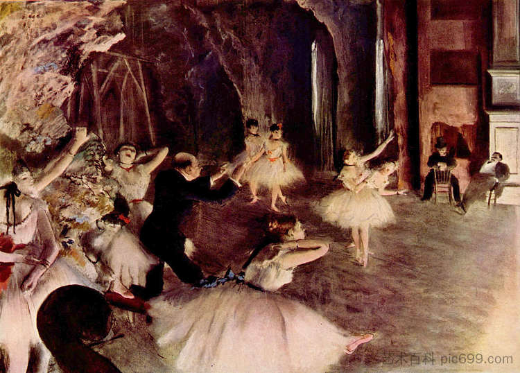 舞台上芭蕾舞团的排练 The Rehearsal of the Ballet on Stage (c.1874; Paris,France  )，埃德加·德加