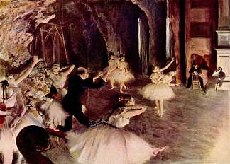 舞台上芭蕾舞团的排练 The Rehearsal of the Ballet on Stage (c.1874; Paris,France                     )，埃德加·德加