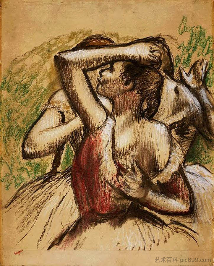 三个芭蕾舞者,一个深红色的腰 Three Ballet Dancers, One with Dark Crimson Waist (1899),埃德加·德加