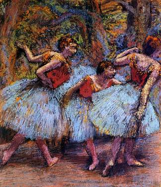 三个舞者，蓝裙子，红衬衫 Three Dancers, Blue Skirts, Red Blouses (c.1903)，埃德加·德加