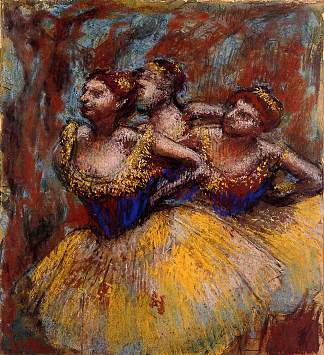 三个舞者。黄色裙子，蓝色衬衫 Three Dancers. Yellow Skirts, Blue Blouses (c.1896)，埃德加·德加