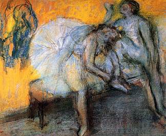 两个穿着黄色和粉色衣服的舞者 Two Dancers in Yellow and Pink (c.1910)，埃德加·德加