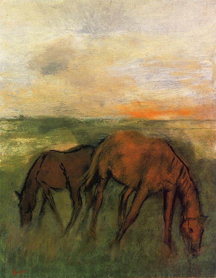 牧场上的两匹马 Two Horses in a Pasture (c.1871)，埃德加·德加