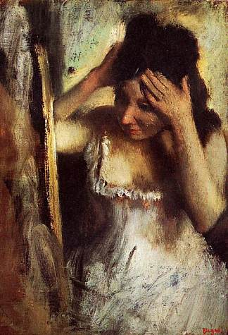 女人在镜子前梳头 Woman Combing Her Hair in front of a Mirror (c.1877)，埃德加·德加