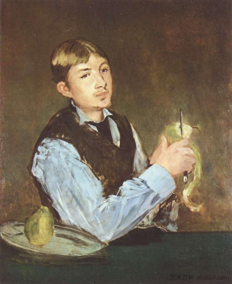 一个剥梨子的年轻人（莱昂·莱恩霍夫的肖像） A young man peeling a pear (Portrait Of Leon Leenhoff) (1868; Paris,France  )，爱德华·马奈