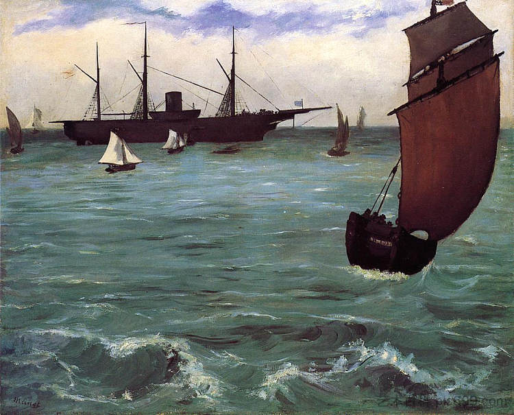 渔船迎风而来（布洛涅的凯尔萨日） Fishing boat coming in before the wind (The Kearsarge in Boulogne) (1864; France  )，爱德华·马奈