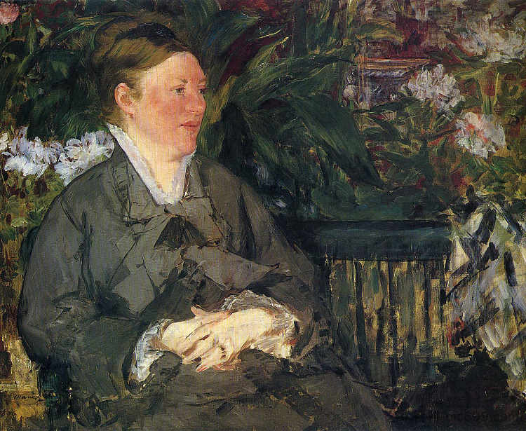 马奈夫人在音乐学院 Madame Manet in conservatory (1879; Paris,France  )，爱德华·马奈