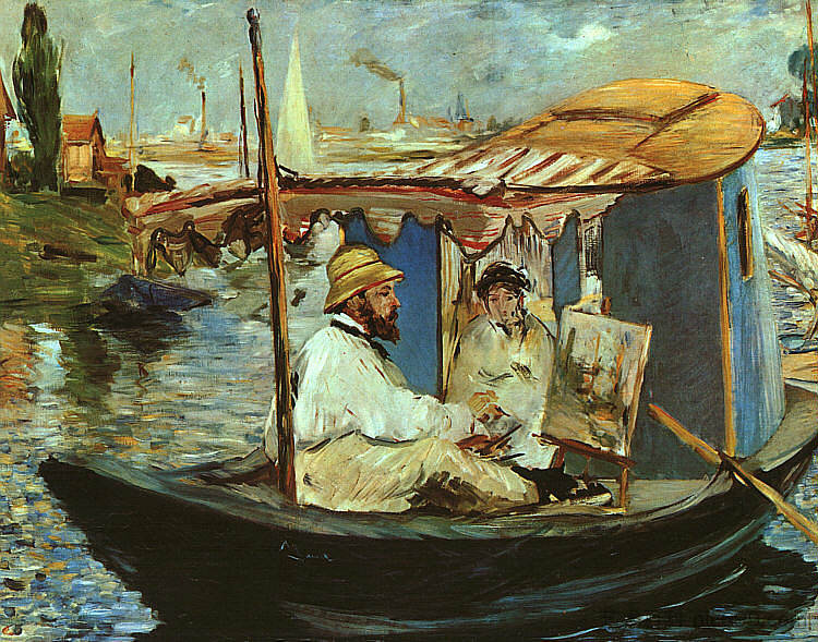 莫奈在他的工作室船上 Monet in his Studio Boat (1874; France  )，爱德华·马奈