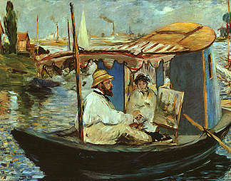莫奈在他的工作室船上 Monet in his Studio Boat (1874; France                     )，爱德华·马奈