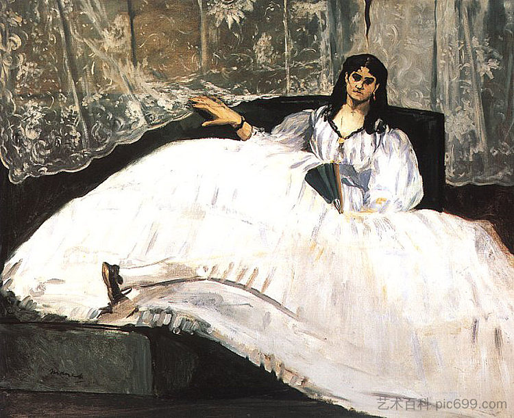 珍妮·杜瓦尔，波德莱尔的情妇，斜倚（拿扇子的女士） Jeanne Duval, Baudelaire's Mistress, Reclining (Lady with a Fan) (1862; Paris,France  )，爱德华·马奈