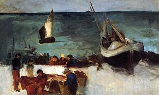 伯克的海景，渔船和渔民 Seascape at Berck, Fishing Boats and Fishermen (1873)，爱德华·马奈