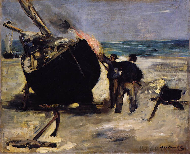 为船涂油 Tarring the Boat (1873; France  )，爱德华·马奈