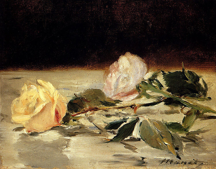 桌布上的两朵玫瑰 Two roses on a tablecloth (c.1883; Paris,France  )，爱德华·马奈