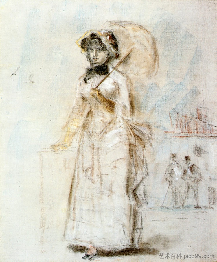 年轻女子拿着敞开的雨伞散步 Young woman taking a walk holding an open umbrella (1880; Paris,France  )，爱德华·马奈