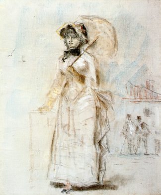 年轻女子拿着敞开的雨伞散步 Young woman taking a walk holding an open umbrella (1880; Paris,France                     )，爱德华·马奈