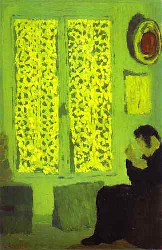 带有拉窗帘的窗户前的绿色内部或人物 The Green Interior or Figure in front of a Window with Drawn Curtains (1891)，爱德华·维亚尔