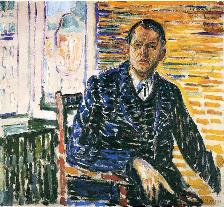 雅各布森教授医院的自画像 Self-Portrait at Professor Jacobson's Hospital (1909)，爱德华·蒙克