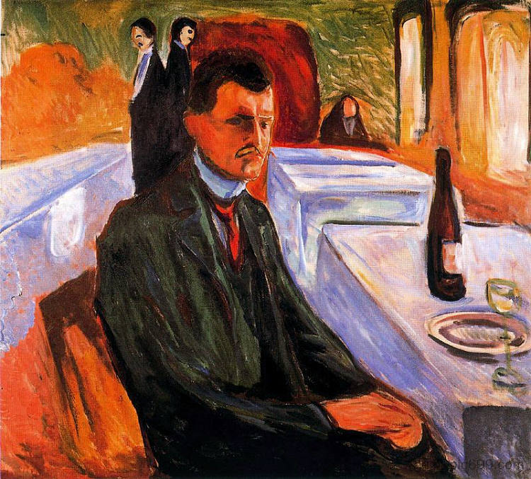 自画像与一瓶葡萄酒 Self-portrait with bottle of wine (1906)，爱德华·蒙克