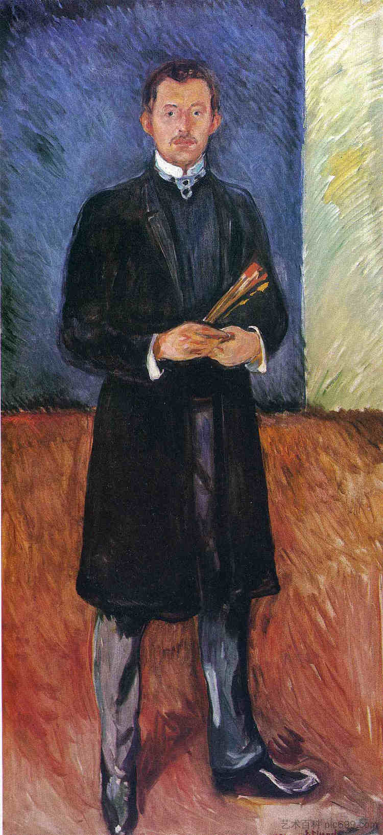 带画笔的自画像 Self-Portrait with Brushes (1904),爱德华·蒙克