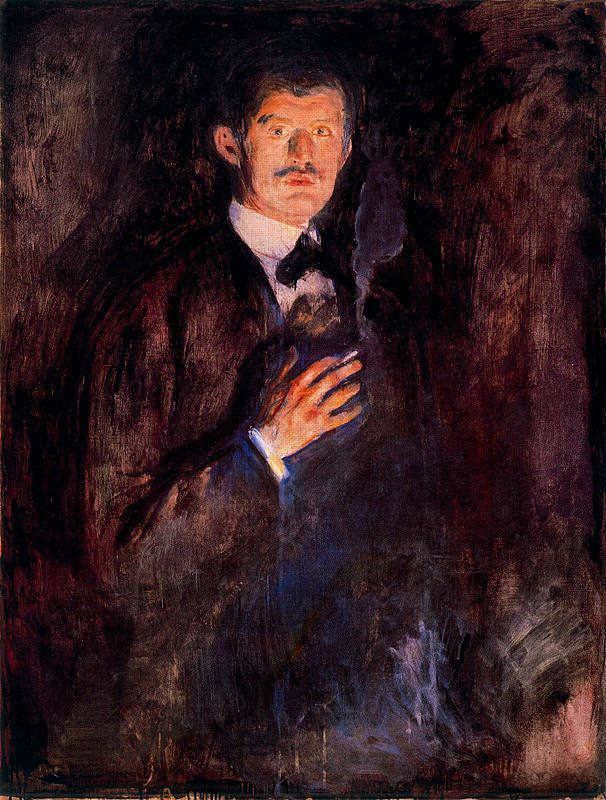 燃烧香烟的自画像 Self-Portrait with Burning Cigarette (1895)，爱德华·蒙克