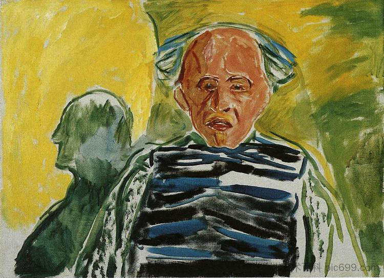 带条纹套头衫的自画像 Self-Portrait with Striped Pullover (1940 - 1944)，爱德华·蒙克