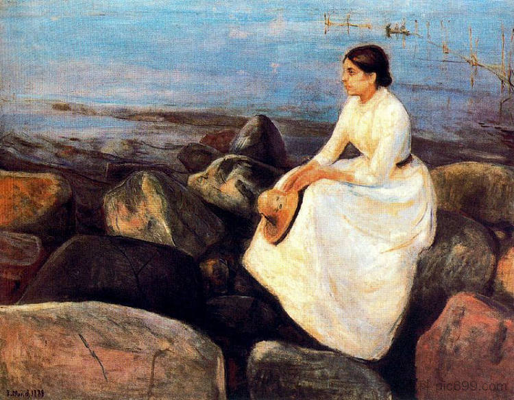 夏夜（岸上的英格） Summer Night (Inger on the Shore) (1889)，爱德华·蒙克