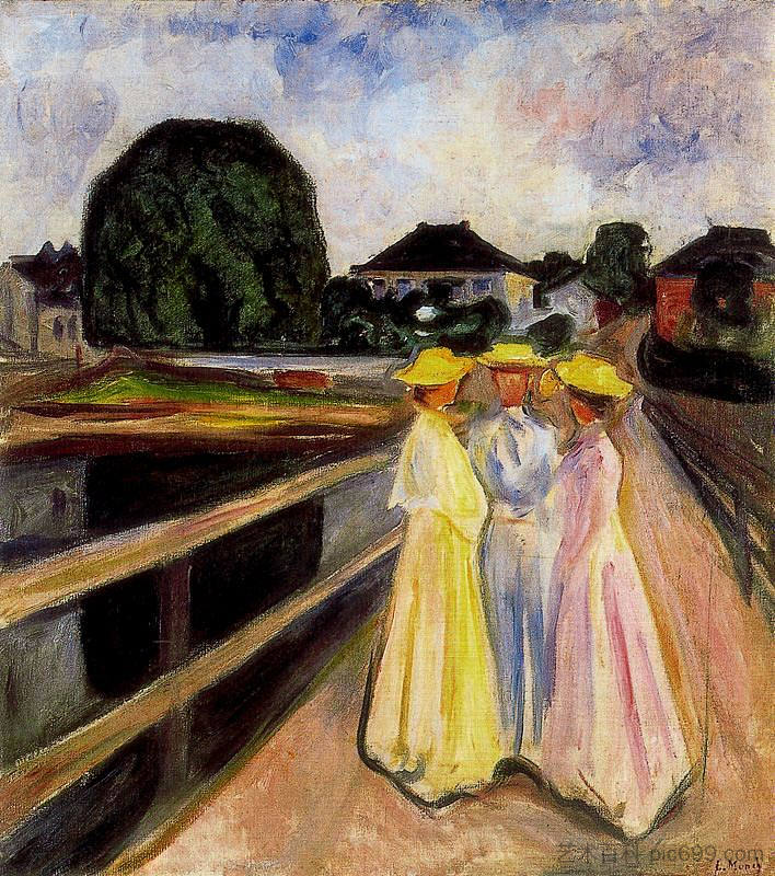 码头上的三个女孩 Three Girls on the Jetty (1903)，爱德华·蒙克