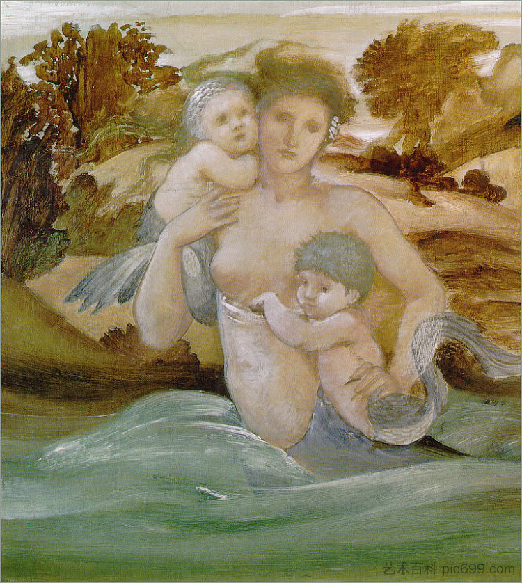 美人鱼与她的后代 Mermaid With Her Offspring，爱德华·伯尔尼·琼斯