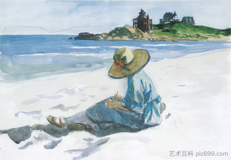 乔在好港海滩素描 Jo Sketching at Good Harbour Beach (1923),爱德华·霍普