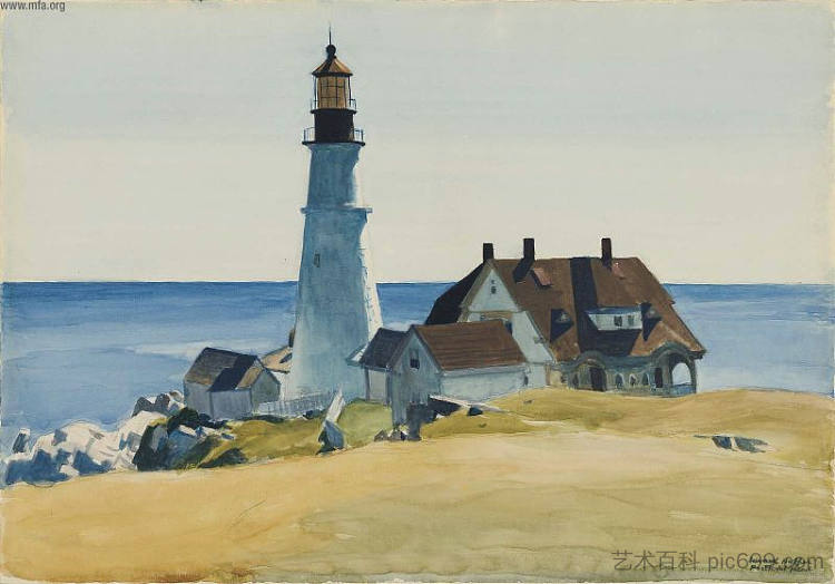 灯塔和建筑物,波特兰角,伊丽莎白角,缅因州 Lighthouse and Buildings, Portland Head, Cape Elizabeth, Maine (1927),爱德华·霍普