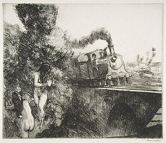 火车和游泳者 Train and Bathers (1918)，爱德华·霍普