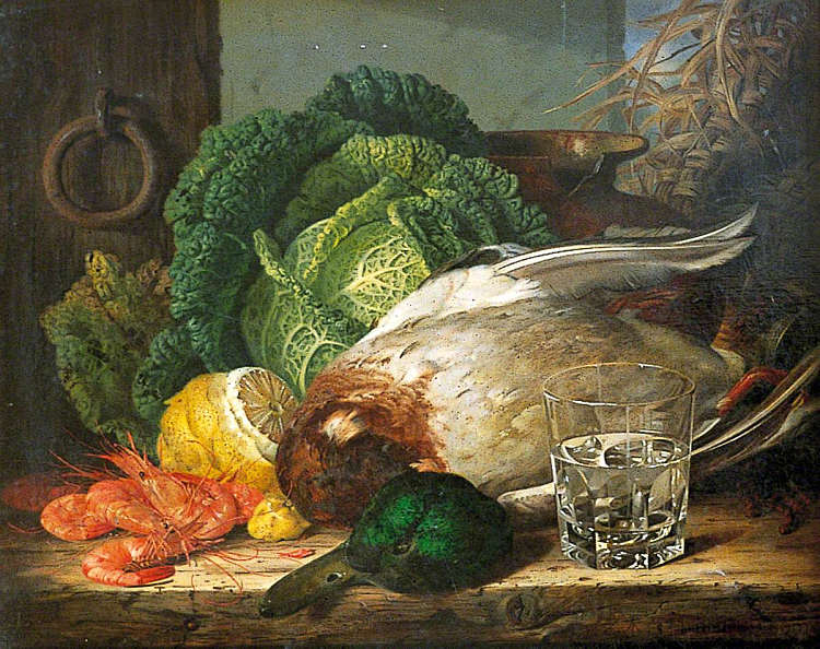 静物与野鸭，虾和萨沃伊 Still Life with Mallard, Prawns and Savoy (c.1850)，爱德华·拉德尔