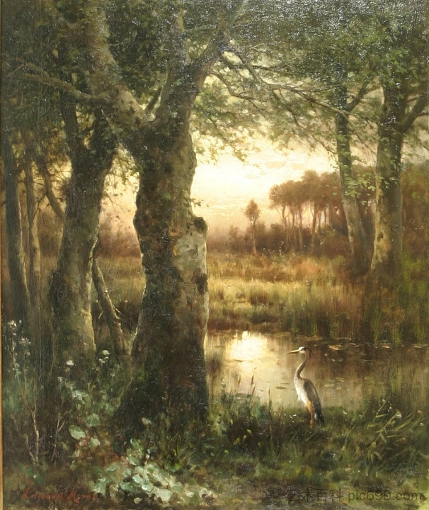 暮光之城的河口 Estuary at Twilight (1890)，爱德华·莫兰