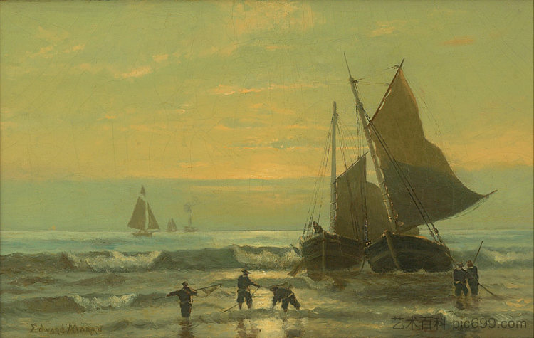 日落时的渔船 Fishing Boats at Sunset (1870)，爱德华·莫兰