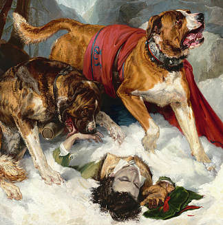 高山獒犬复活一个痛苦的旅行者 Alpine Mastiffs Reanimating a Distressed Traveler (1820)，埃德温·兰西尔