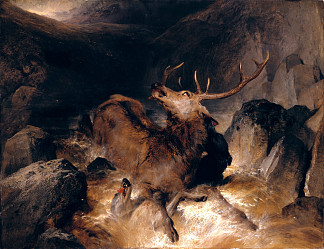 山洪中的鹿和猎鹿犬 Deer and Deer Hounds in a Mountain Torrent (1832)，埃德温·兰西尔