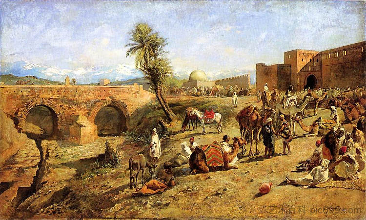 大篷车抵达摩洛哥市外 Arrival of a Caravan Outside The City of Morocco (c.1882),埃德温·罗德·威克斯