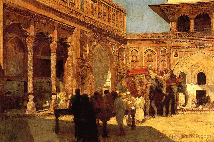 阿格拉堡庭院里的大象和人物 Elephants and Figures in a Courtyard, Fort Agra (c.1890 - c.1899),埃德温·罗德·威克斯
