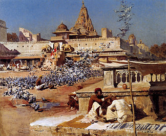 喂养圣鸽，斋浦尔 Feeding The Sacred Pigeons, Jaipur (c.1894)，埃德温·罗德·威克斯