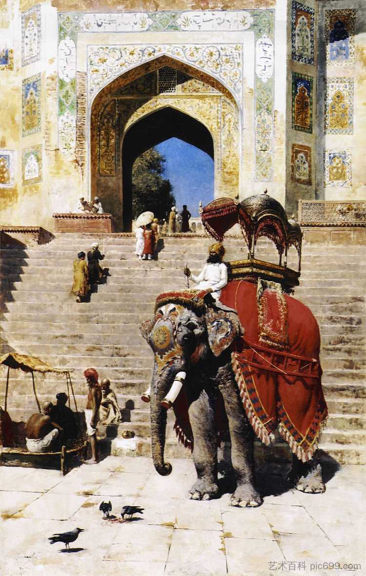 马图拉贾米清真寺门户处的皇家大象 Royal Elephant at the Gateway to the Jami Masjid, Mathura (c.1895)，埃德温·罗德·威克斯