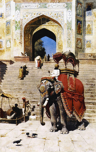 马图拉贾米清真寺门户处的皇家大象 Royal Elephant at the Gateway to the Jami Masjid, Mathura (c.1895)，埃德温·罗德·威克斯