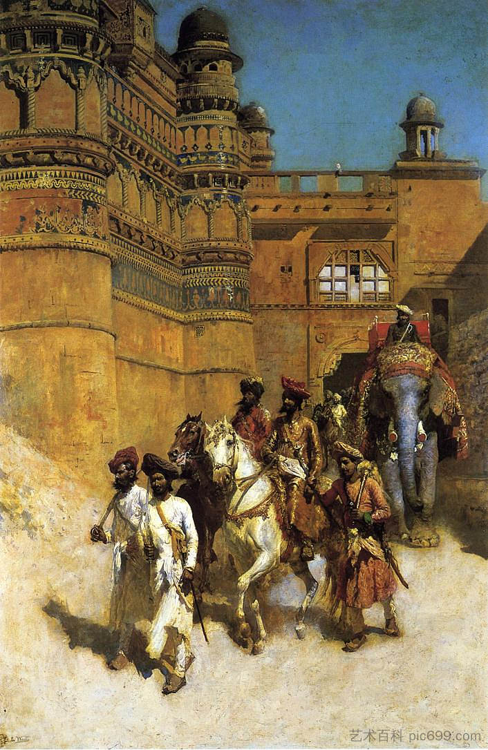 瓜廖尔王公在他的宫殿前 The Maharahaj of Gwalior Before His Palace (c.1887),埃德温·罗德·威克斯