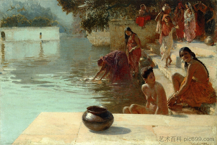 女人的沐浴场所I Oodeypore，印度 Woman's Bathing Place I Oodeypore, India (c.1895)，埃德温·罗德·威克斯