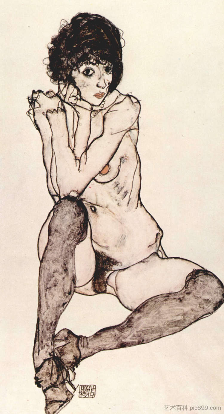 坐着的女性裸体，肘部支撑 Seated female nude with elbows propped (1914)，埃贡·席勒