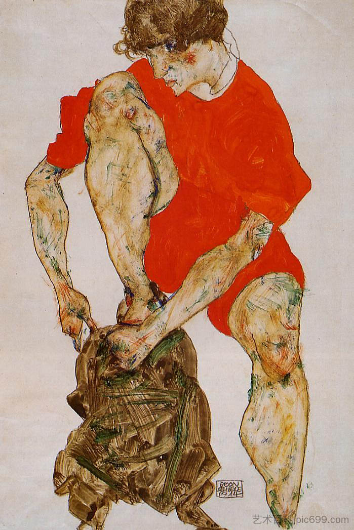 女模特穿着鲜红色夹克和裤子 Female Model in Bright Red Jacket and Pants (1914; Vienna,Austria  )，埃贡·席勒